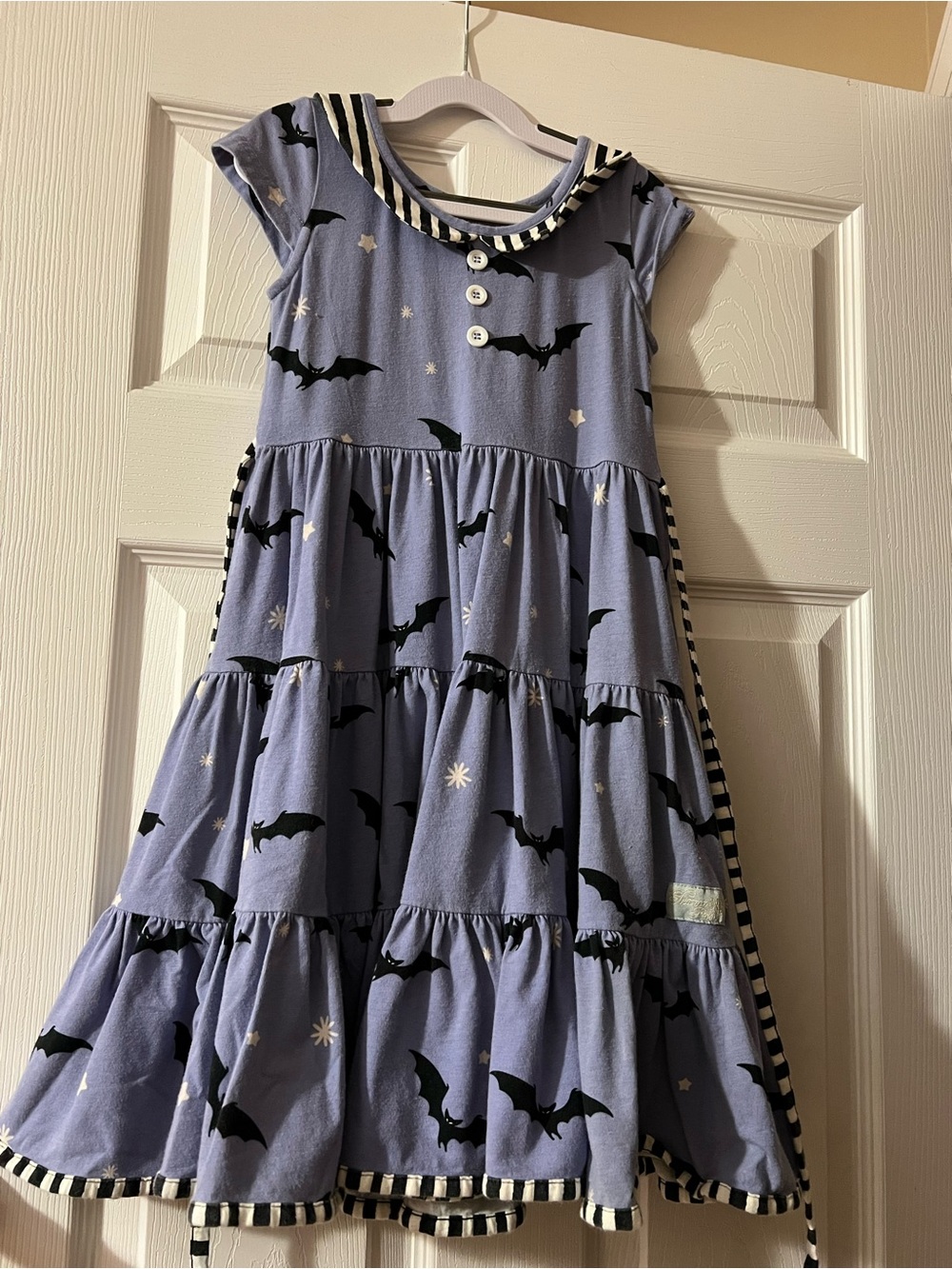 Eleanor Rose Lavender Bat-Print Tiered Dress with Striped Trim